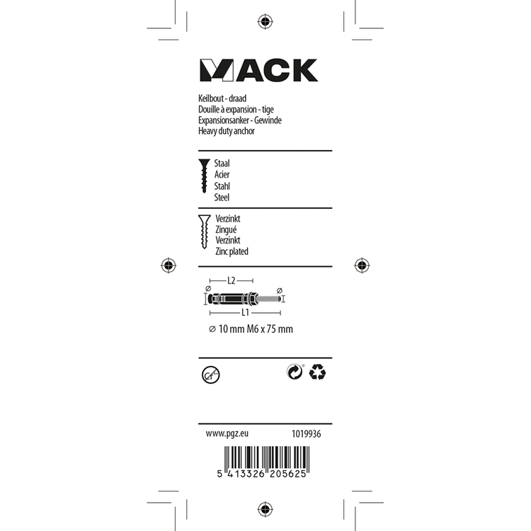 Mack 1019936 - perno de cuña con espárrago roscado. galvanizado 4 piezas m6 x 75 mm | 5 piezas