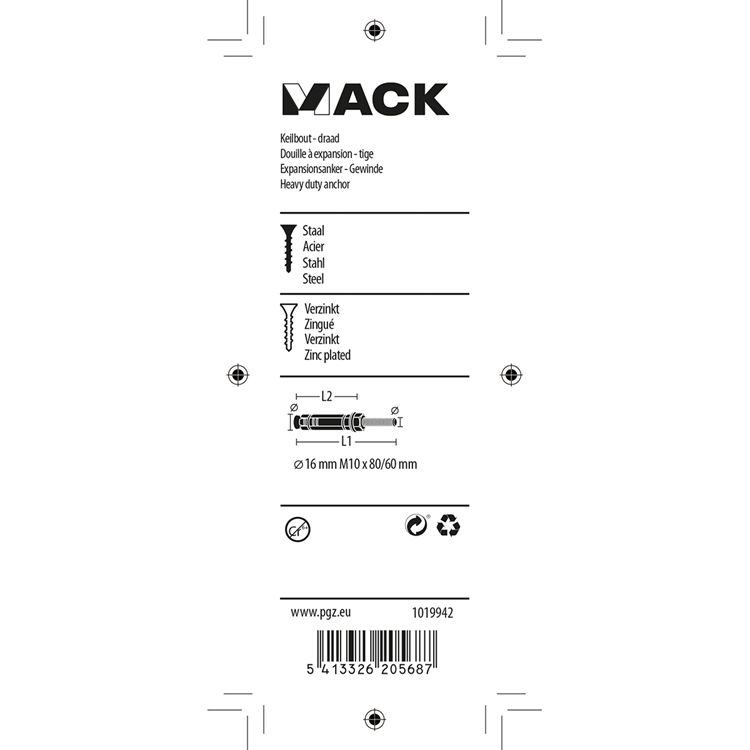 Mack 1019942 - perno de cuña con espárrago roscado. galvanizado2 piezas m10 x 80mm | 5 piezas
