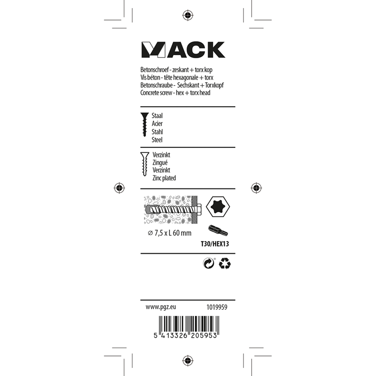 Mack 1019959 - tornillo para hormigón galvanizado 6 puntos 4 piezas 7,5 x 60 mm | 5 piezas