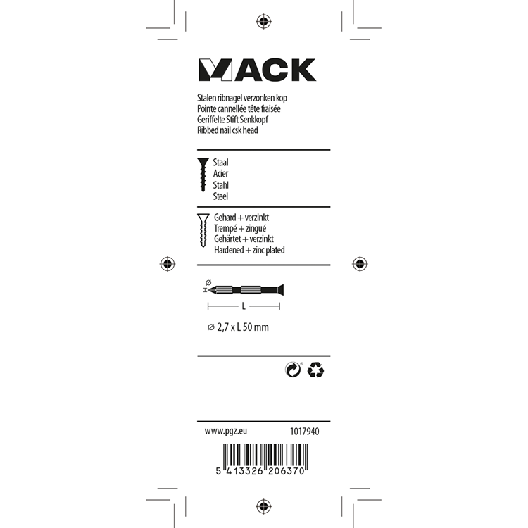 Mack 1017940 - clavo para costillas de acero uk st. endurecido + galvanizado 50 piezas 2,7 x 50 mm | 10 piezas