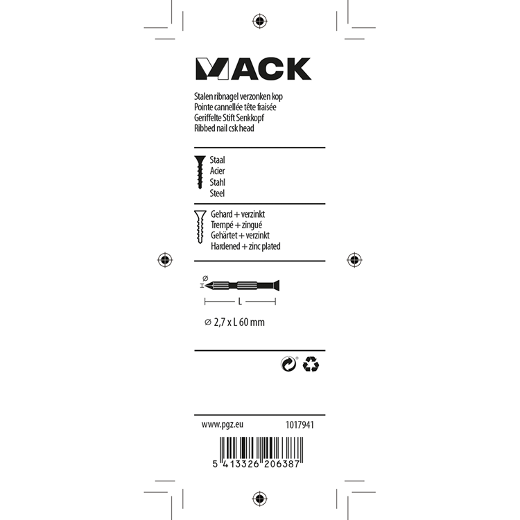 Mack 1017941 - clavo para costillas de acero uk st. endurecido + galvanizado 45 piezas 2,7 x 60 mm | 10 piezas