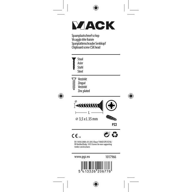 Mack 1017966 - tornillo para aglomerado con cabeza chapada en amarillo. 65 piezas 3,5 x 35 mm | 5 piezas