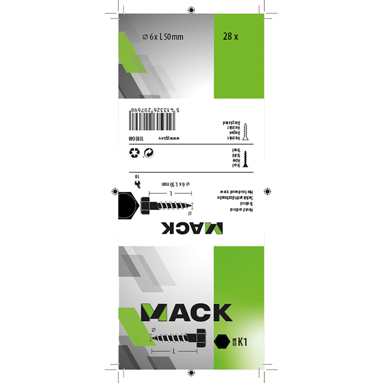 Mack 1018040 - perno roscado para madera acero galvanizado 28 piezas 6 x 50 mm | 5 piezas