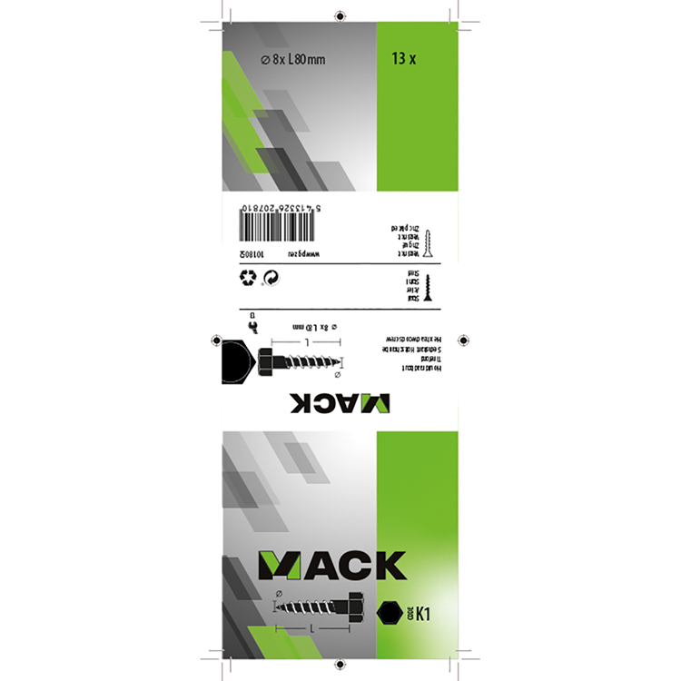 Mack 1018052 - perno roscado para madera acero galvanizado 13 piezas 8 x 80 mm | 5 piezas