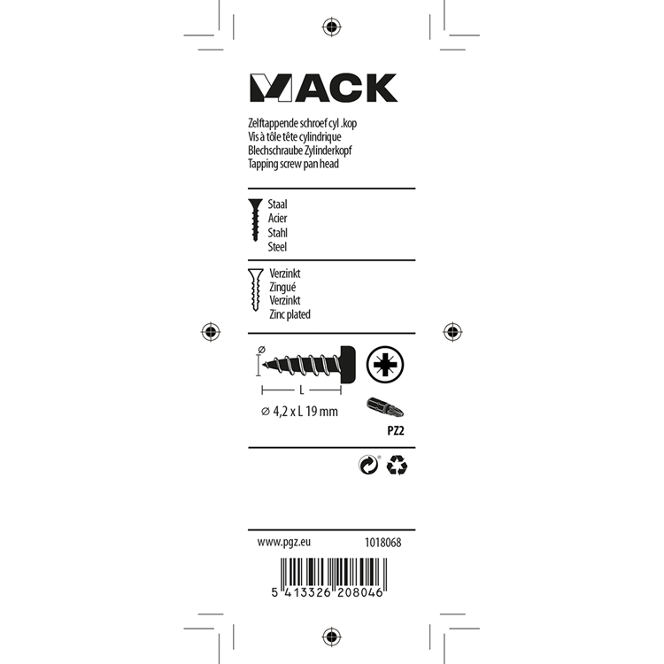 Mack 1018068 - tornillo autorroscante con cabeza cilíndrica galvanizada. 48 piezas 4,2 x 19 mm | 5 piezas