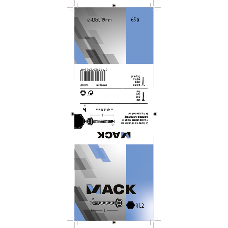 Mack 1018087 - tornillo hexagonal autoperforante. condición de cabeza 65 piezas 4,8 x 19 mm | 5 piezas