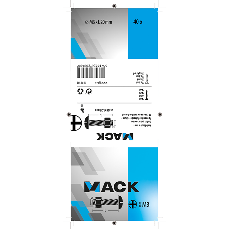 Mack 1018100 - perno calentador + tuerca acero galvanizado 40 piezas m6 x 20 mm | 5 piezas