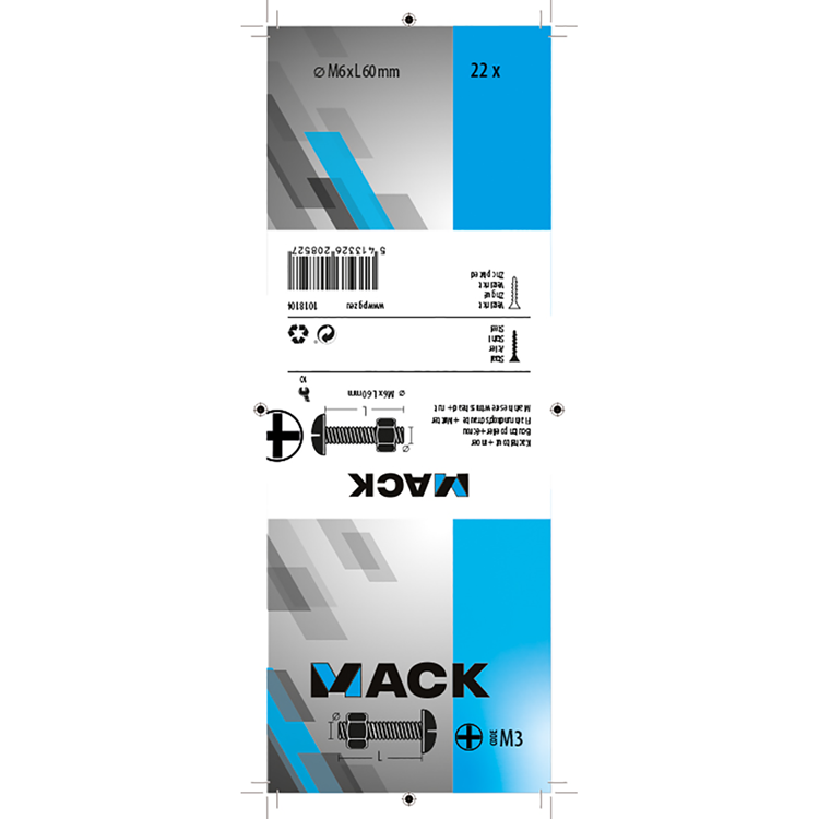 Mack 1018104 - perno estufa + tuerca acero galvanizado 22 piezas m6 x 60 mm | 5 piezas