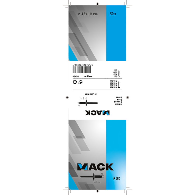 Mack 1020319 - 50 grapas ciegas aluminio cabeza ancha 4.8x14mm | 3 piezas