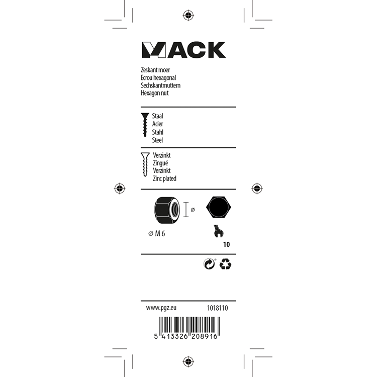 Mack 1018110 - tuerca hexagonal acero galvanizado 100 uds m 6 | 5 piezas