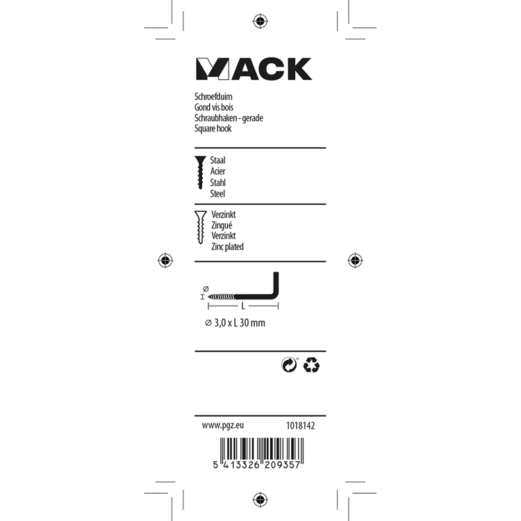 Mack 1018142 - tornillo pulgar acero galvanizado 50 piezas 3,0 x 30 mm | 5 piezas