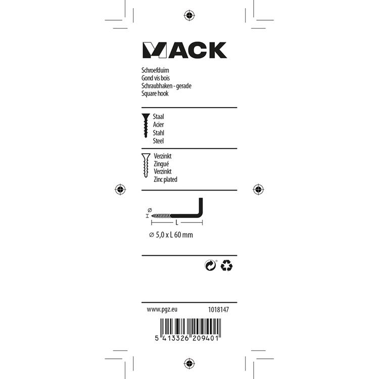 Mack 1018147 - tornillo pulgar acero galvanizado 14 piezas 5,0 x 60 mm | 5 piezas