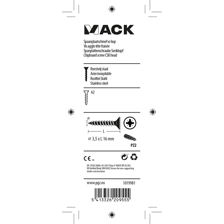 Mack 1019981 - tornillo para aglomerado cabeza vz acero inoxidable 110 piezas 3,5 x 16 mm | 5 piezas