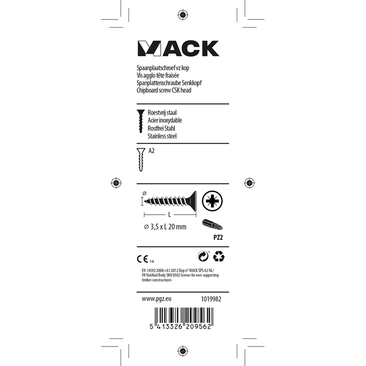 Mack 1019982 - tornillo aglomerado cabeza vz acero inoxidable 100 uds 3,5 x 20 mm | 5 piezas