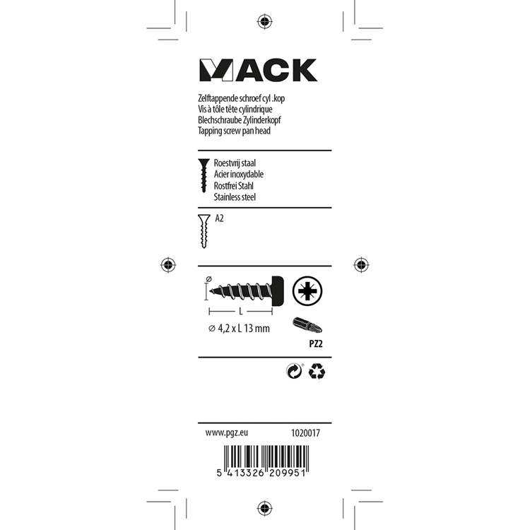 Mack 1020017 - tornillo autorroscante culata a2 44 piezas 4,2 x 13 mm | 5 piezas