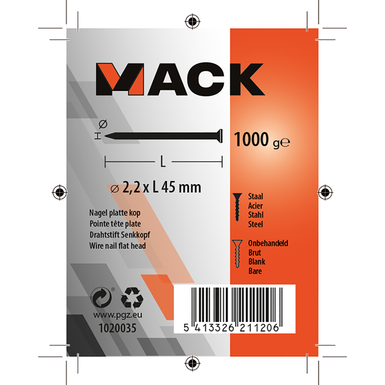 Mack 1020035 - clavo cabeza plana 1000 gr 2,2 x 45 mm | 10 piezas