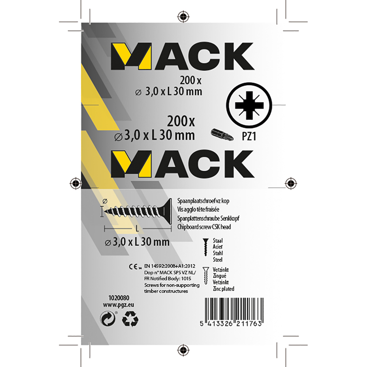 Mack 1020080 - tornillo para aglomerado con cabeza amarilla con 200 piezas 3,0 x 30 mm | 5 piezas