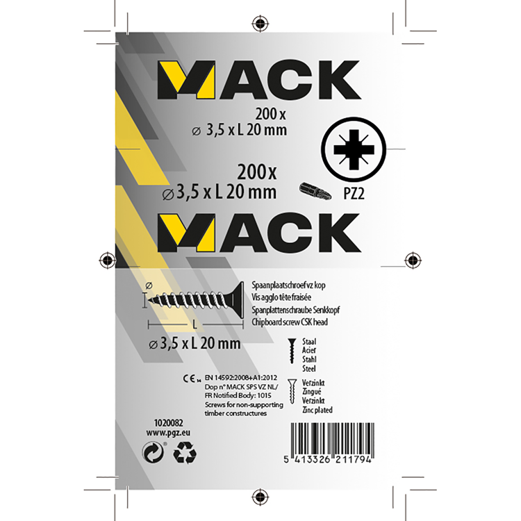 Mack 1020082 - tornillo para aglomerado con cabeza amarilla con 200 piezas 3,5 x 20 mm | 5 piezas