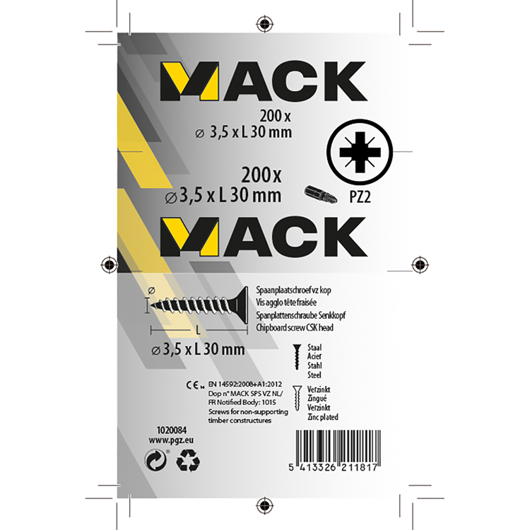 Mack 1020084 - tornillo para aglomerado con cabeza amarillo vz 200 uds 3,5 x 30 mm | 5 piezas