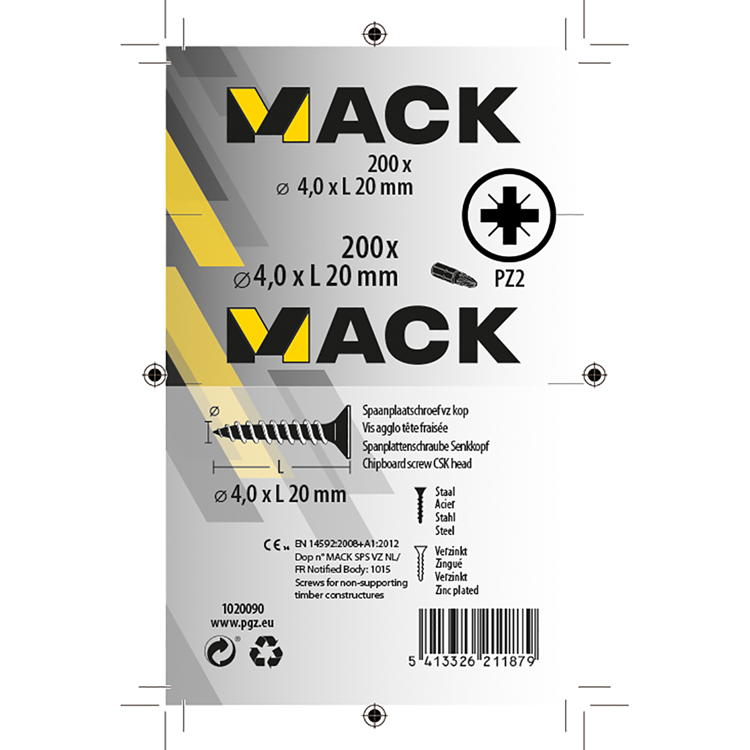 Mack 1020090 - tornillo para aglomerado con cabeza amarilla con 200 piezas 4,0 x 20 mm | 5 piezas