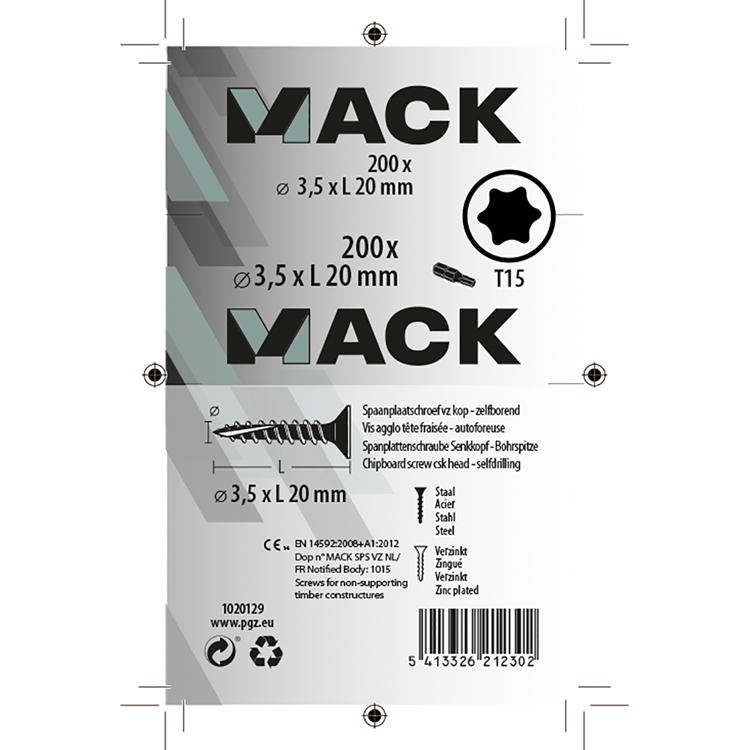 Mack 1020129 - tornillo para aglomerado vz kp-autorroscantegvz 200ud 3,5 x 20 mm | 5 piezas