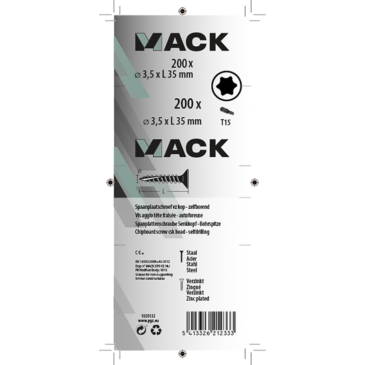 Mack 1020132 - tornillo aglomerado vz kp-autoblocantegvz 200uds 3,5 x 35 mm | 5 piezas