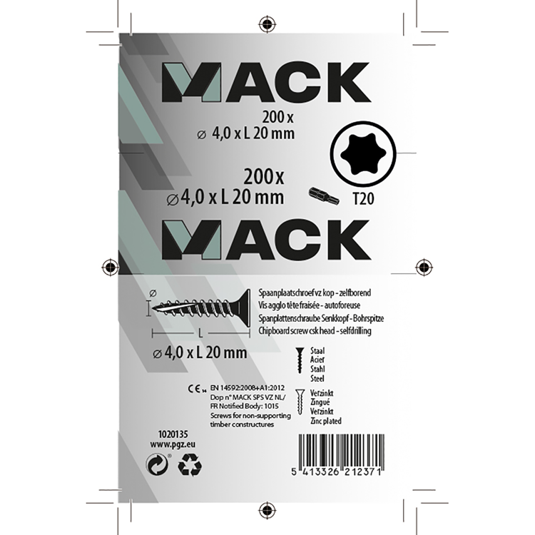 Mack 1020135 - tornillo aglomerado vz kp-autoblocantegvz 200uds 4,0 x 20 mm | 5 piezas