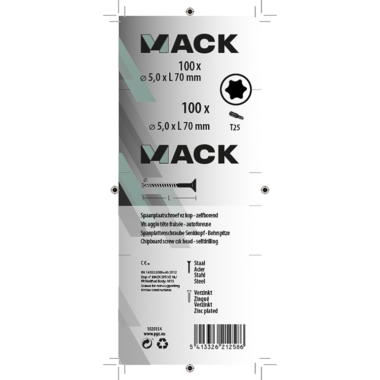 Mack 1020154 - tornillo aglomerado vz kp-autoblocantegvz 100uds 5,0 x 70 mm | 3 piezas