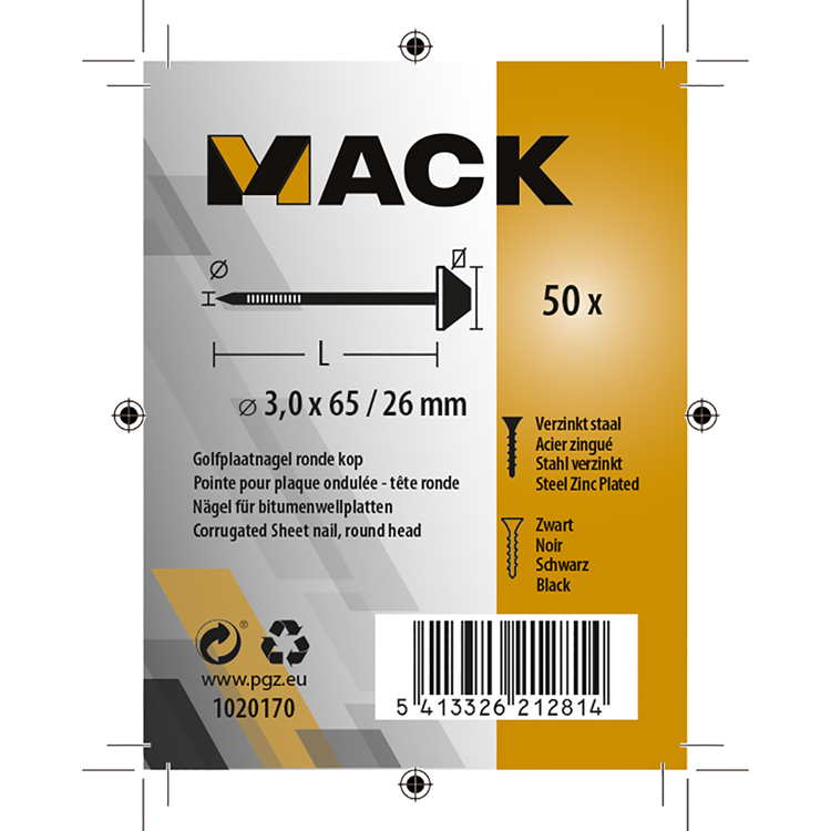Mack 1020170 - clavo chapa ondulada 50 uds 3.0x65 26mm | 5 piezas