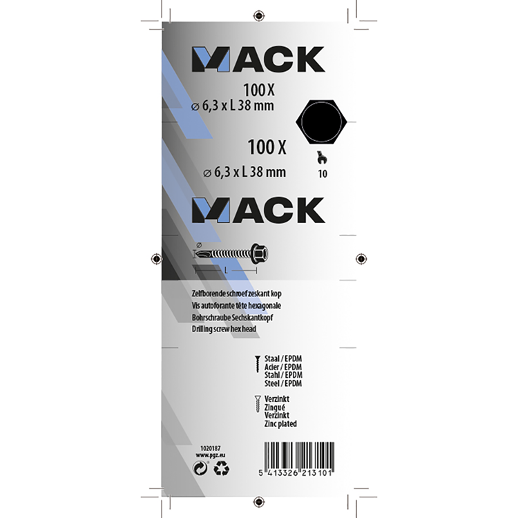 Mack 1020187 - tornillo autoperforante cabeza hexagonal EPDM-vz 100uds 6,3 x 38 mm | 2 piezas