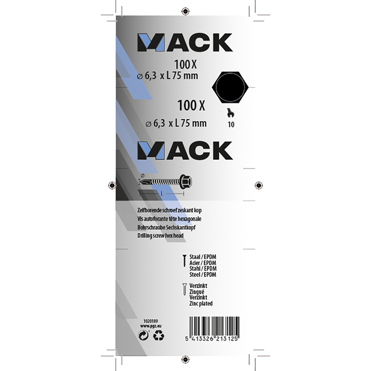 Mack 1020189 - tornillo autoperforante cabeza hexagonal EPDM-vz 100uds 6,3 x 75 mm | 1 pieza