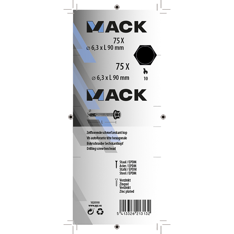 Mack 1020190 - tornillo autoperforante cabeza hexagonal EPDM-vz 75uds 6,3 x 90 mm | 1 pieza