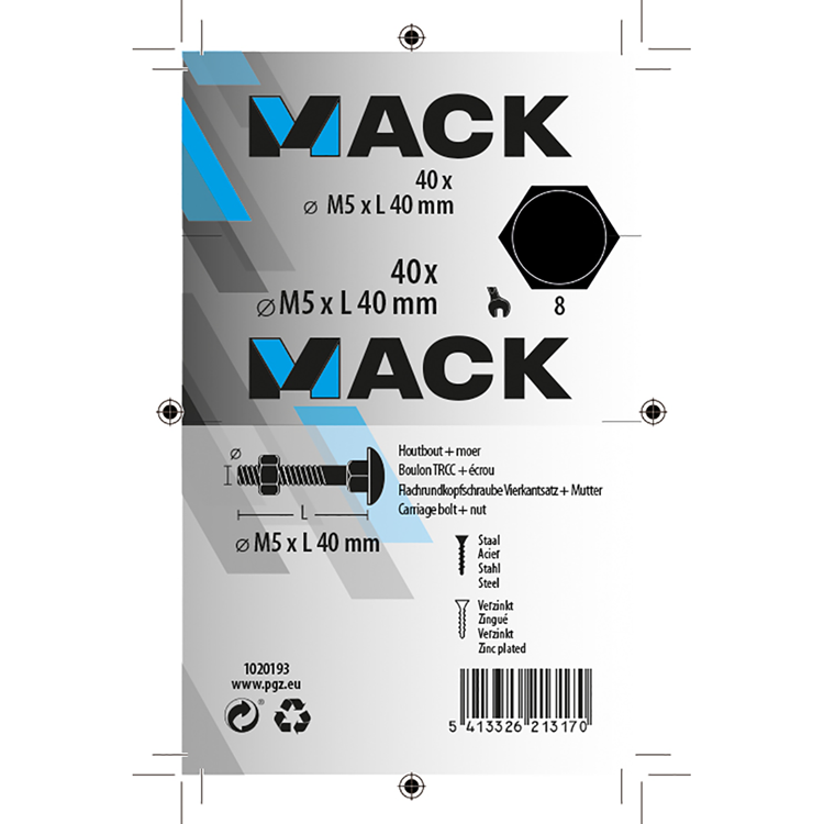 Mack 1020193 - perno madera + tuerca galvanizada 40 stm5 x 40 mm | 5 piezas