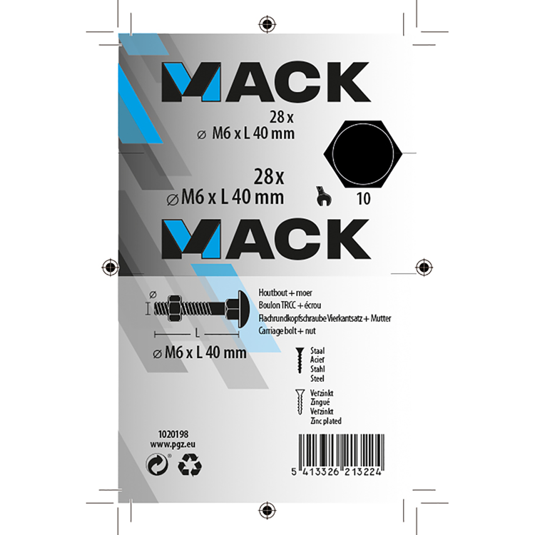 Mack 1020198 - perno madera + tuerca galvanizada 28 stm6 x 40 mm | 5 piezas