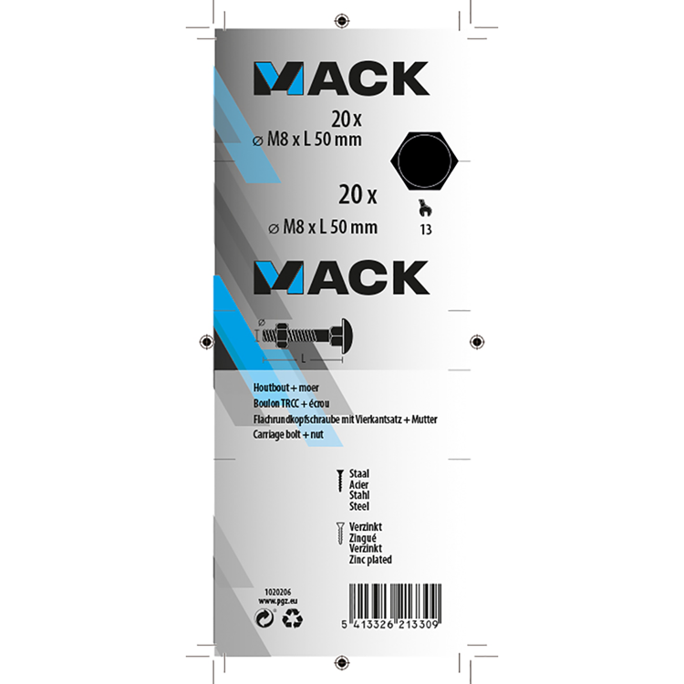 Mack 1020206 - bullone legno + dado zincato 20 stm8 x 50 mm | 5 pezzi