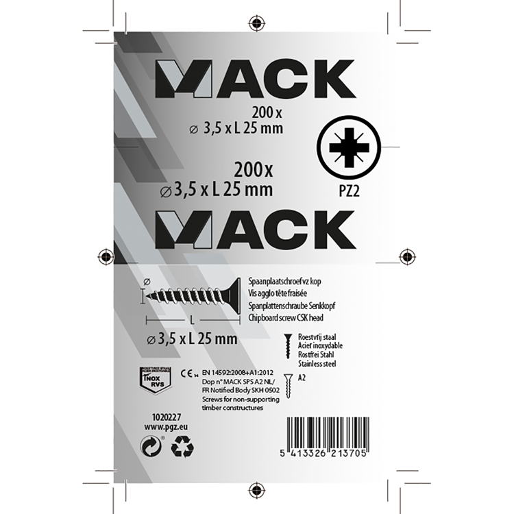 Mack 1020227 - tornillo aglomerado cabeza vz acero inoxidable a2 200 uds 3,5 x 25 mm | 2 piezas