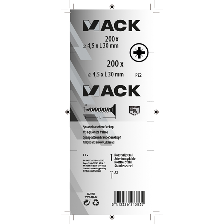 Mack 1020238 - tornillo aglomerado cabeza vz acero inoxidable a2 200 uds 4,5 x 30 mm | 2 piezas
