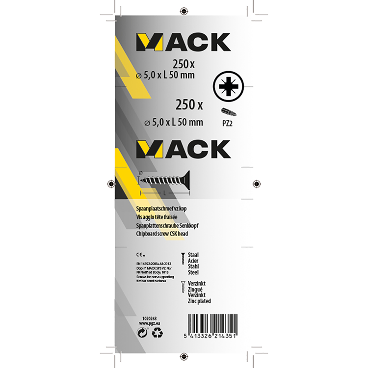 Mack 1020268 - tornillo aglomerado cabeza vz gvz 250 uds 5,0 x 50 mm | 1 pieza