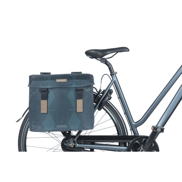 Basil Elegance Double Bicycle Bag, Blue, Recycled PET, Feeded, Water retaining closure, Universal Bridge, 40-49L
