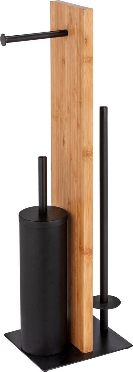 Portawater Wenko lesina nero e bambù - legno FSC - scopino con supporto, portarotolo e portarotolo di riserva autoportante