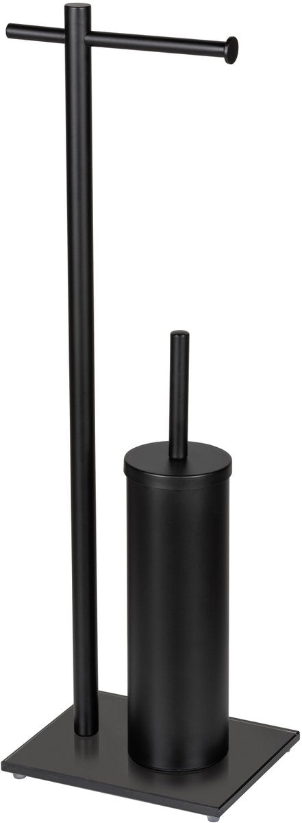 Wenko WC Butler Resera en acero negro mate y vidrio negro - Escobillero con soporte y portarrollos independiente