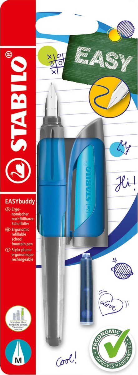 Stabilo easybuddy - pluma estilográfica ergonómica - azul oscuro azul claro - punta m estándar para diestros