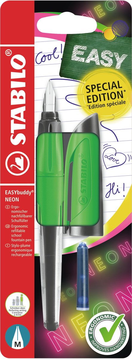 Stabilo easybuddy neon - penna stilografica ergonomica - verde - pennino m standard per destrimani