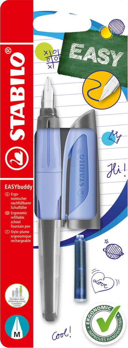 Stabilo easybuddy pastel - penna stilografica ergonomica - azzurro - pennino m standard per destrimani