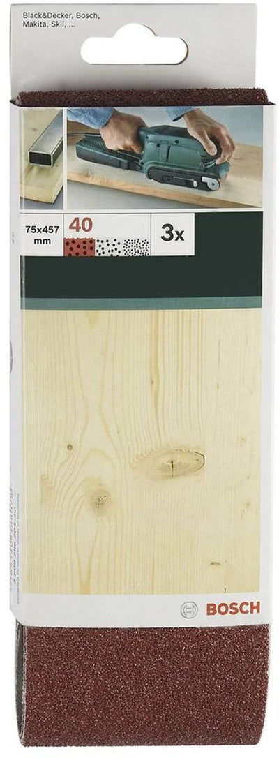 Bosch - 3-piece sanding belt set for belt sanders, red quality 40, unperforated, tensioned