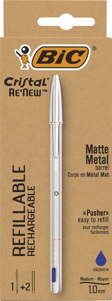 Penna a sfera Bic cristal re-new medium argento + 2 ricariche blu