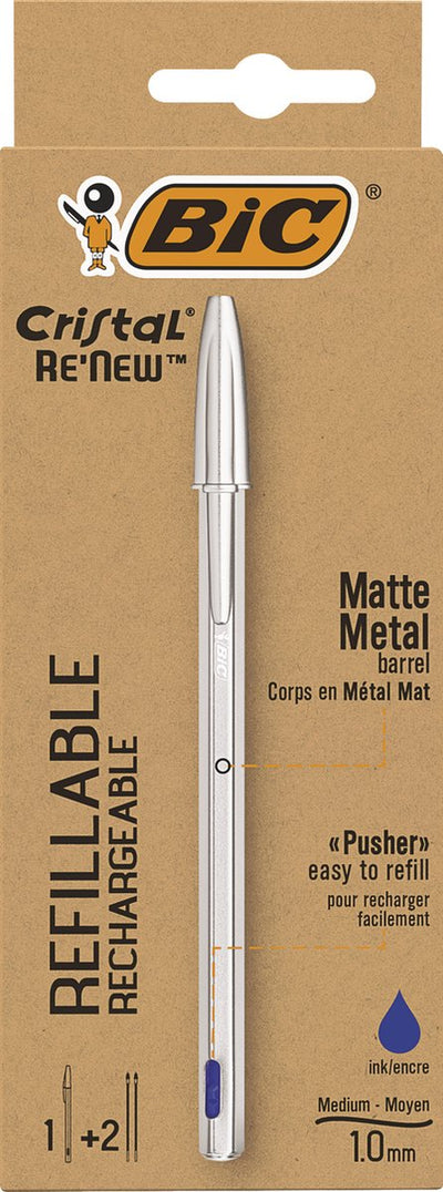 Penna a sfera Bic cristal re-new medium argento + 2 ricariche blu