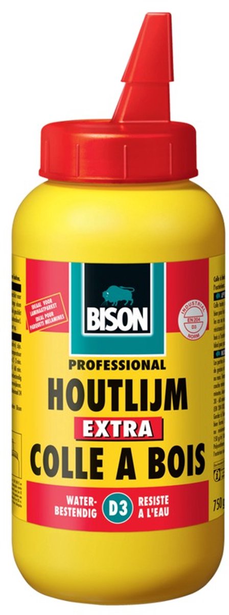 Pegamento para madera Bison extra 750 gramos: pegamento para madera blanco de alta calidad, resistente al agua, se seca transparente, sin disolventes, se puede pintar, d3, más resistente que la madera