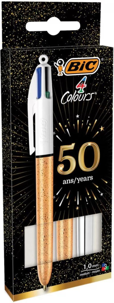 Bolígrafos Bic de 4 colores - varios colores de cuerpo - dorado con motivo helado y plateado - paquete de 3 piezas - punta media 1 mm