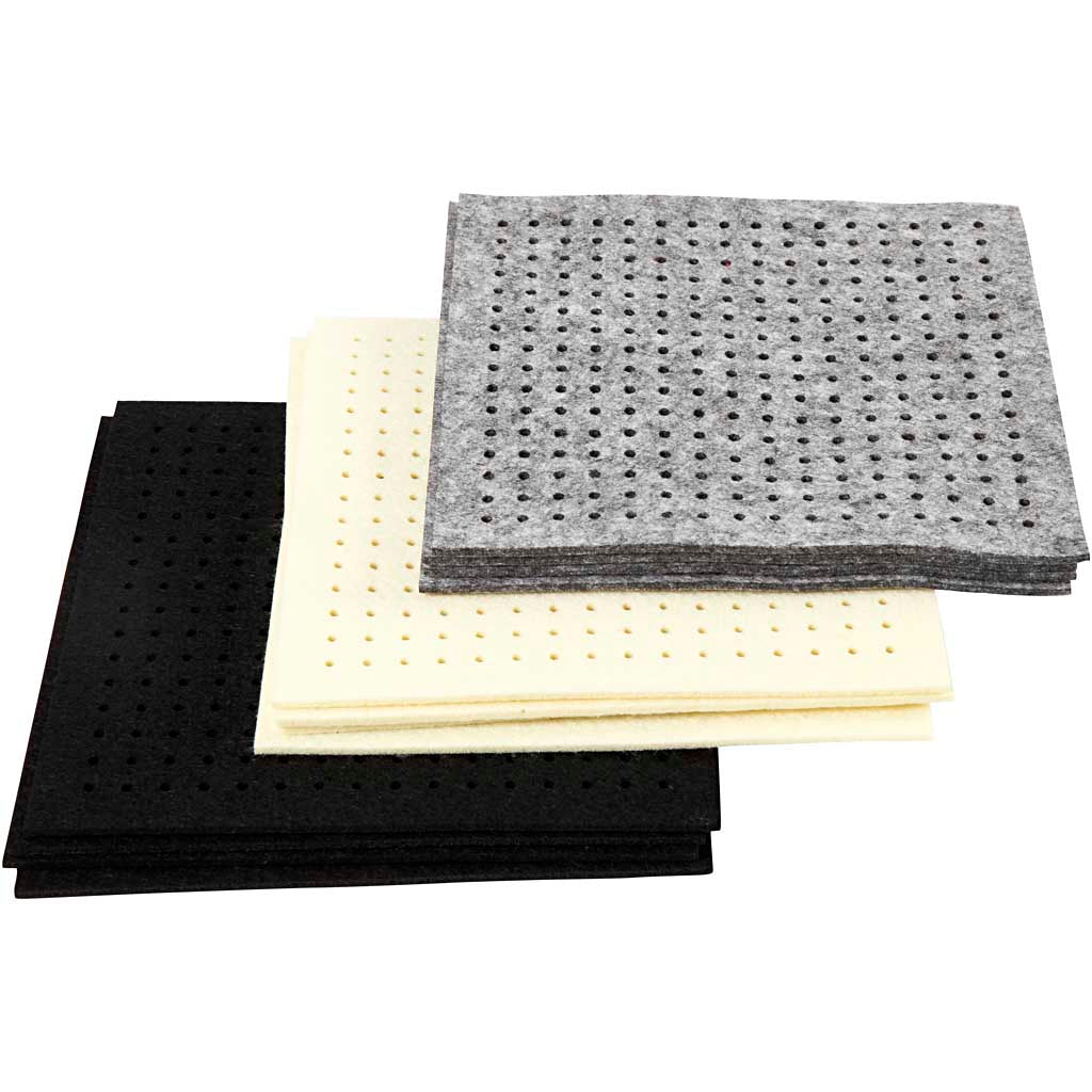 Fieltro hobby Creativ company con agujeros, medidas 20x20 cm, grosor 3 mm, negro, gris, blanquecino, hoja 3x4 1 caja